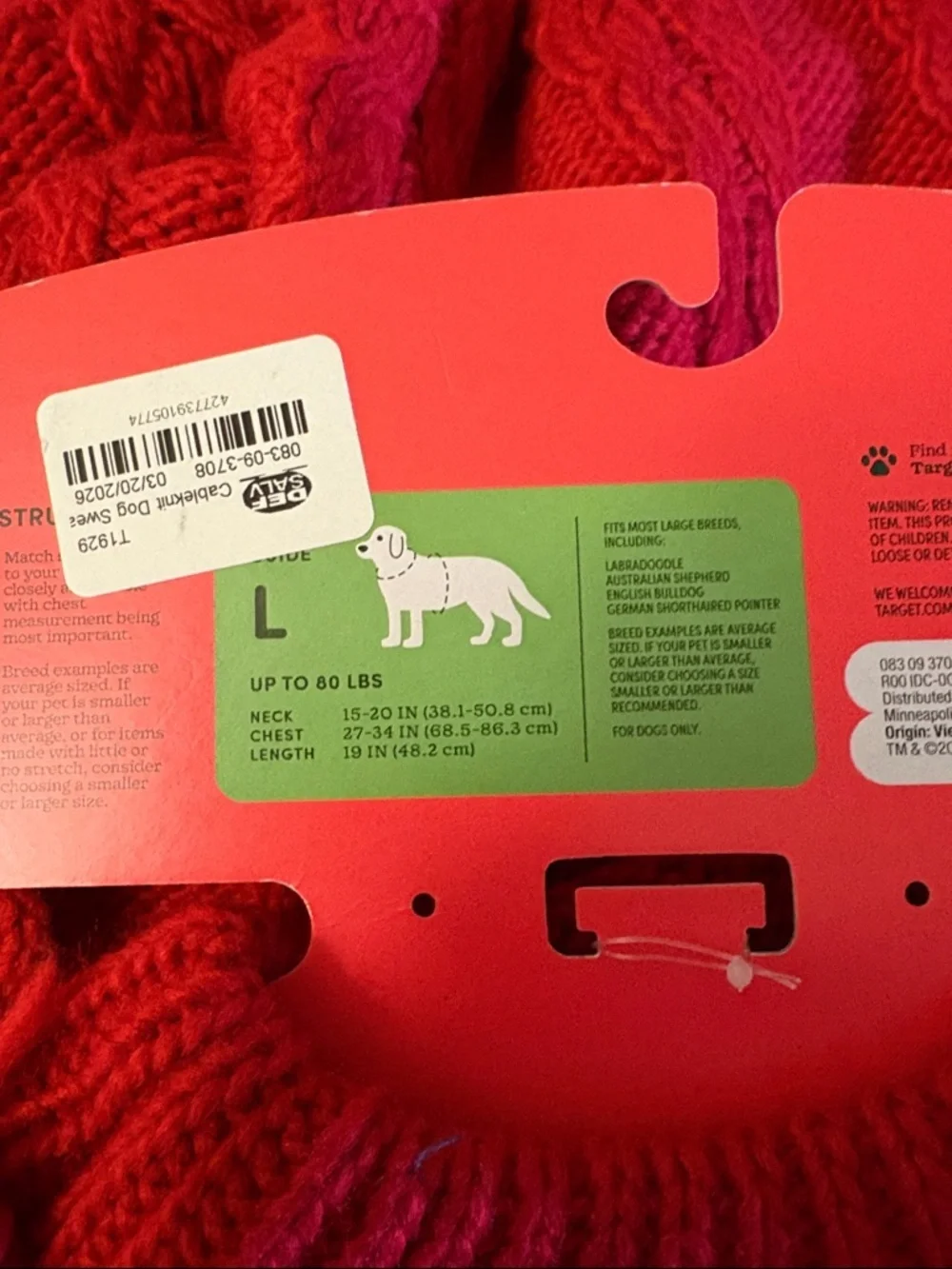 NWT-Large Dog Red cable knit sweater Soft, warm and comfortable